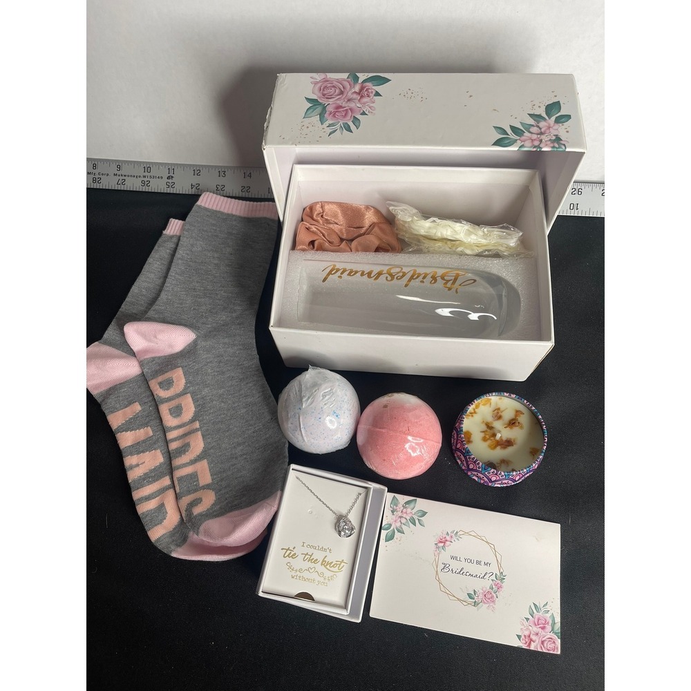 Bridesmaid Proposal Gift Box Set Flute Socks Jewelry Bath Bombs Candle Pink Gold